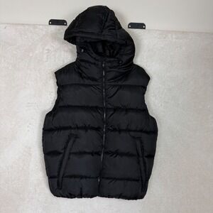Black Puffer Vest Hooded Zip Up Minimalist Athleisure Winter Layer Large